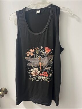 Black Tank Top with Dragonfly & Floral Graphic